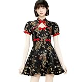 [Yi-gog] チャイナドレスハロウィン 中華風 龍と鳳凰プリントショートチャイナ服コスプレコスプレ ハロウィン レディース 仮装 かわいい 仮装 衣装 コスチューム (M, ブラック)