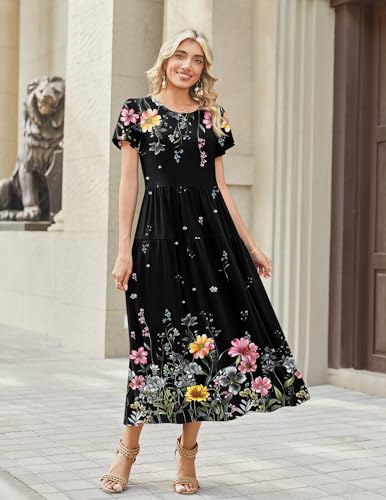 Image of Zeagoo Summer Dresses for Women 2026 Maxi Bohemian Floral Short Sleeve Long Dress Casual Flowy Tired Beach Sundress