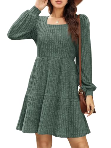 Cicy Bell Freizeitkleider für Damen Leichte Strickkleid Pulloverkleid Langarm A-Linie Casual Babydoll Herbst Kleider,Armeegrün,M – Ansicht 3