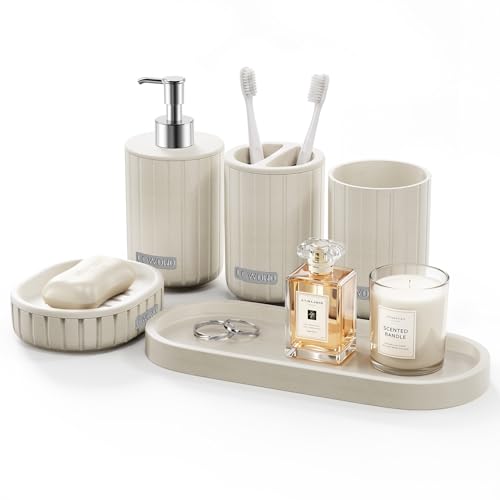 LEWONO Bathroom Accessories Set 5 Piece Cream Bathroom Set with Soap Dispenser Soap Dish Bathroom Vanity Tray Toothbrush Holder and Toothbrush Cup Modern Bathroom Accessory Set for Countertop