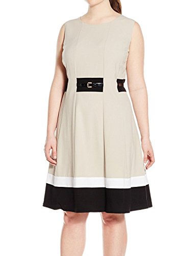 Calvin Klein Women's Plus-Size Fit-And-Flare Color-Block with Belted Waist