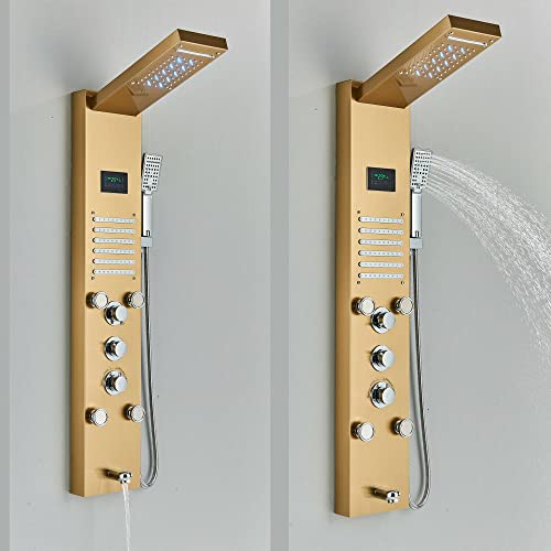 Wieoc Shower Panel Tower System Led Rainproof And Waterfall Massage Jet Spraye Stainless Steel Shower Column-Brushed Gold #TOP2