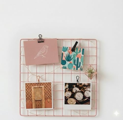 Image of Metal Wire Grid Photo Display Frame for Wall, 30 x 30 cm Iron Mesh Memo Board | Wall Hanging Picture & Photo Organizer |Home, Bedroom & Office Decor (Pink)