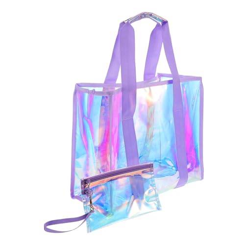 SAFIGLE Iridescent Beach Tote Bag for Women Large Capacity Pvc Storage Handbag with Hanging Pouches for Summer Travel Picnics and Vacations