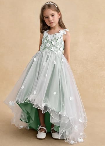 Girls Spaghetti Straps 3D Flowers Applique Flower Girl Dresses Asymmetrical Tulle Formal Dress2
