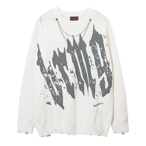 Pull tricoté vintage homme coupe ample vêtement streetwear oversize déchiré rétro