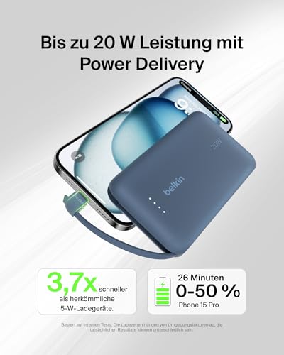 Belkin BoostCharge 10000mAh Power Bank, integriertes USB-C-Kabel – Blau – Ansicht 2