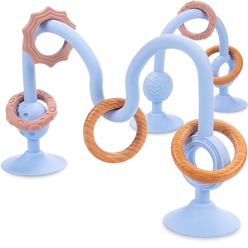High Chair Suction Toy for High Chair Trays, Baby Suction Cup Toy with Large Suction Base, Food Grade Silicone and Wooden Rings, Sensory Toy 6-12 Months