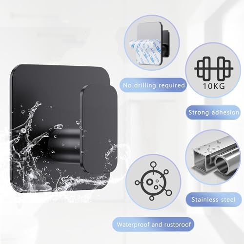 Aikzik Large Self Adhesive Hooks 4 Pack, Over 10kg Load - Stick on Hooks Heavy Duty Stainless Steel, Strong Sticky for Hanging Towel, Coat, Robe, Tea Towel Holder for Door or on Wall - Black - Image 4