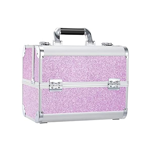 Caso professionale grande trucco in alluminio cosmetico Vanity Box Beauty Organizer Caso Treno 4 vassoi Serratura con chiave tracolla, Viola, L