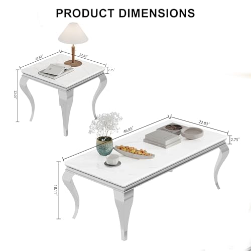 Image of Luxury Coffee Table Set of 2, Rectangular Coffee Table with End Side Table, Modern 2 Piece Living Room Table Set with Faux Marble Top & Silver Stainless Steel S Legs for Apartment Home Office