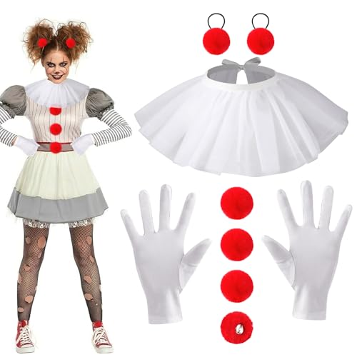 4PCS Accesorios de Disfraz Payaso Mujer Adulto Niño, Cuello Payaso de Tul Botón de Pompón Roja Gomas Pelo Guantes Blancos, Accesorios Disfraz Payaso Asesino para Halloween Carnaval Fiesta de Cosplay