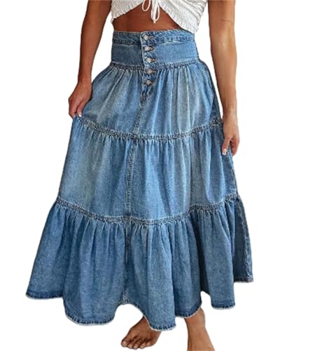 Women Tiered Ruffle Hem Denim Maxi Skirt Button Washed Swing A-Line Jean Maxi Skirt Casual Trendy Flowy Swing A-Line Skirt