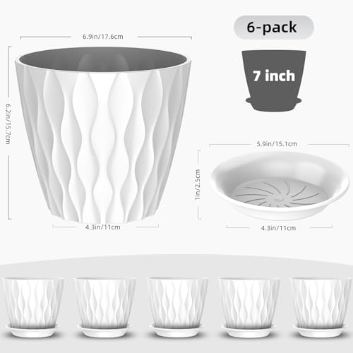 6 Pack 7 Inch Indoor Plant Pots with Drainage Holes, Outdoor Plastic Decorative Flower Pots, Garden Planters with Tray Saucers for Orchids, Violets, Succulents, Herbs, and Other Plants - Image 4