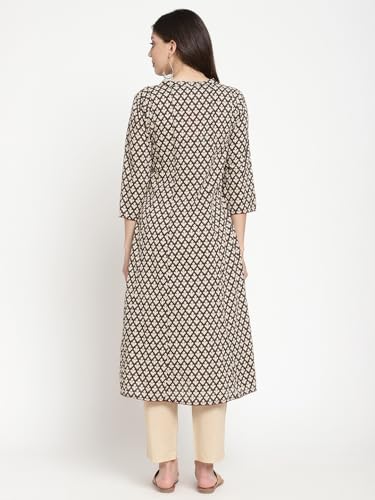 Image of SAVI Beige and Black Cotton Printed Flared Kurta