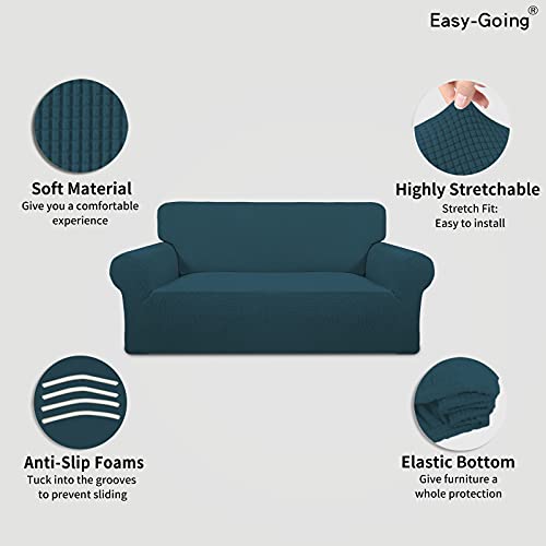 Image of Easy-Going Stretch Oversized Loveseat Slipcover 1-Piece Sofa Cover Furniture Protector Couch Soft with Elastic Bottom for Kids Polyester Spandex Jacquard Fabric Small Checks Deep Teal
