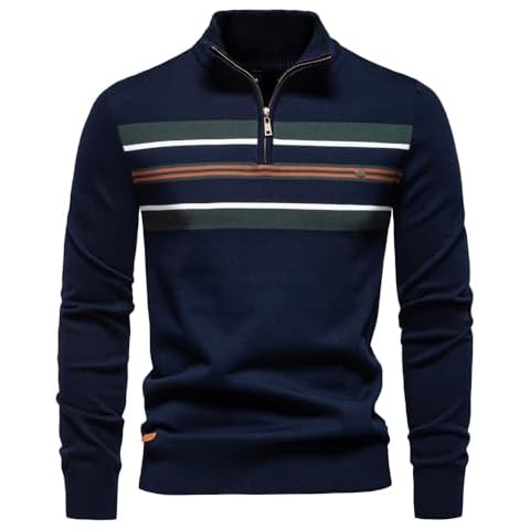 AIOPESON Men's Quarter Zip Sweater Mock Neck Pullover Strip Stand Collar Polo Sweater for Men Navy Cover