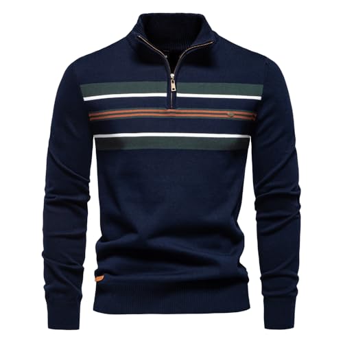 Men's Quarter Zip Sweater Mock Neck Pullover Strip Stand Collar Polo Sweater for Men