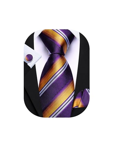 Barry.Wang Purple Gold Tie for Men Striped Silk Necktie Pocket Square Cufflinks Set Formal Wedding Party Business