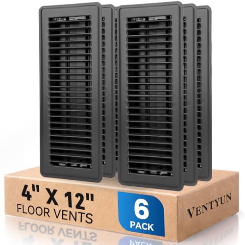 VENTYUN 4 x 12 Floor Register Vent Covers 6-Pack Walkable Powder-Coated Metal Vent Covers with Adjustable Airflow Curved Safe Edges for Floor/Wall Black