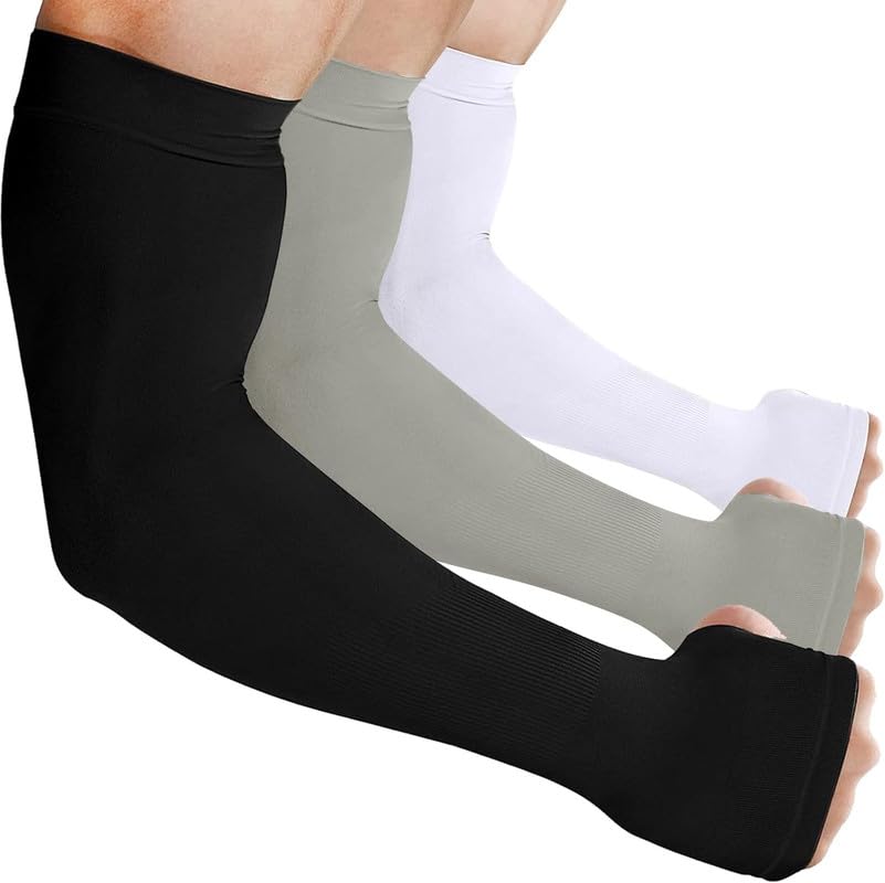 3 Pairs UV Protection Cooling Arm Sleeves, Women Men Summer Outdoor Sunblock Arm Cover with Thumb Hole_Black/White/Grey-image-18