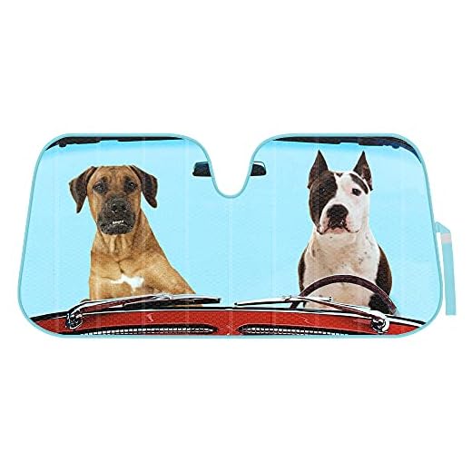 BDK 2 Dogs Driving - Car Windshield Sunshade for Coupe Sedan Truck SUV - Folding Sun Shade for Front Window Sun Visor Heat Protection Sunscreen Blocks UV Rays Keeps Vehicle Cool 58x27in