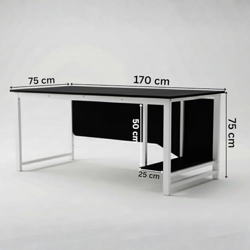 Image of Executive Director Desk | Office Table | Manager Cabin Work Desk with Modesty Panel & Cable Grommet | Sturdy Metal Frame | Black Top & White Base | DIY Installation