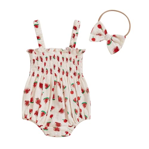 Bonangber Newborn Baby Girl Summer Clothes Strawberry Smocked Sleeveless Romper Cotton Linen Bodysuit Cute Preemie Girl Clothes(A-White Strawberry,0-3 Months)
