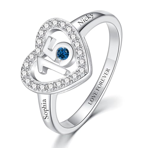 925 Sterling Silver Personalized Daughter Sweet 15 Heart Rings Engraved 15th Birthday Ring with Created Birthstone Gift for Women