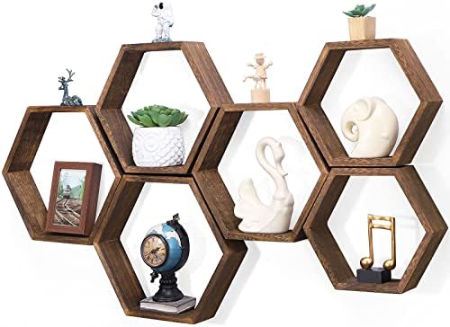 NORCEESAN Hexagon Floating Shelves Set of 6 Honeycomb Shelves for Wall Wood Farmhouse Storage Home Decor Shelf Wall Mounted Wooden Hexagonal Shelves for Bedroom Living Room Nursery, Rustic Brown