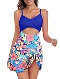 ZAFUL Women Floral One Piece Swimsuit with Skirt Tummy Control Bathing Suit Slimming Swim Dress Modest Swimwear Push Up Cut Out V Neck Swimdresses 2024 Trendy Cute Tie Knot Monokini Blue Floral M