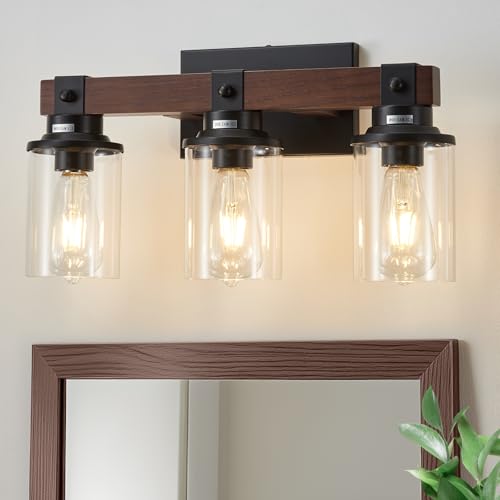 Image of Farmhouse Wood Vanity Light for Bathroom, 3-Light Bathroom Light Fixtures Over Mirror, Rustic Wall Sconces Lighting with Metal Lampshade for Bathroom, Bedroom, Hallway