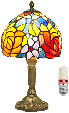 JGWSMQ Tiffany Table Lamp Baroque Handmade Stained Glass Desk Lamps Gifts Resin Base 14.17" Tall Double Color Roses Vintage Reading Lamp for Office,Living Room, Bedroom, Study Room
