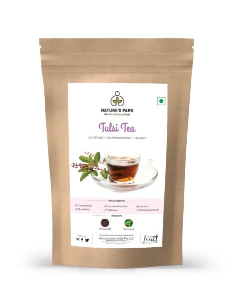 Image of Nature's Park Tulsi Tea Loose Leaf Immunity Enhancer Detox Herbal Tea Finest Blend of Rama Shyama & Vana Tulsi Leaves with CTC Leaves USDA Certified Pouch (500gm)