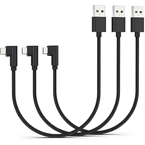 1Ft Right Angle Micro USB Cable 3Pack, Short USB A to Micro B Cord 90 Degree, High Speed Sync Durable Nylon Braided Android USB 2.0 Fast Charging Cable for Samsung S7 Note, Kindle, LG, Power Bank, PS4 Cover
