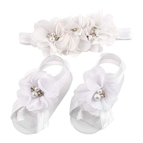 LD DRESS White Baby Girl Foot Flower + Headband(BBFJ-1) (White), Whole: approx. 8 x 5.5cm/ 3.14