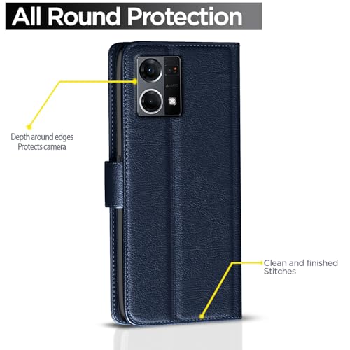 Image of Pikkme Flip Cover Leather Finish | Inside TPU with Card Pockets | Wallet Stand and Shock Proof | Complete Protection Button Flip Case for Oppo Reno 7 5G (Blue)
