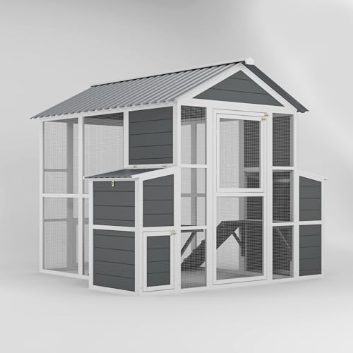 Outdoor Wooden Chicken Coop for 10 Chickens,Large Hen House Poultry Habitat Pet Hutch Run Cage with 2 Chicken Nesting Boxes,Walk in Chicken Coops Run W/Ramp and Run,Waterproof Roof,(80"×82"×69")