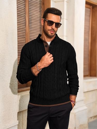 Yousify Mens Stand Collar Pullover Sweater Casual Cable Knitted Quarter Button Sweaters Winter Chunky Thermal Polo Sweaters2