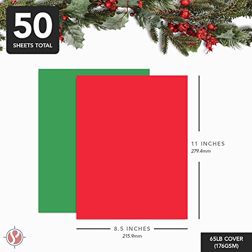 Holiday Christmas Colored Card Stock Paper, Red & Green 8.5 X 11" Cardstock For Greeting Cards, Art & Crafts, Invitations | 65Lb Cover, Printer Compatible | 25 Red, 25 Green (50 Sheets Total) #TOP6