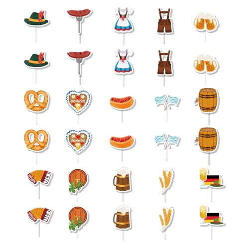 WUSJCOF 30 piezas Oktoberfest, toppers para cupcakes, set de decoración para pasteles, diseño de dibujos animados, mesa, accesorios, bávara para fiesta de la cerveza y fiesta de salchichas