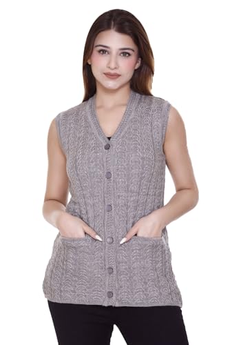Image of aarbee Self Design Sleeveless V Neck Woollen Cardigan for Women with Front Pockets