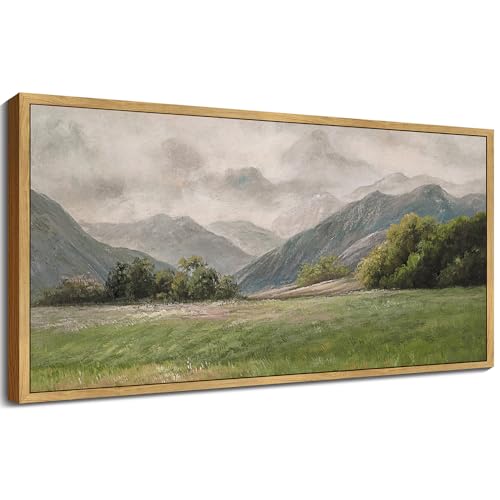 SHENIFY 20x40in Extra Large Vintage Framed Wall Art Prairie and Mountain Landscape Painting Retro Meadow Scenery Farmhouse Bedroom Above of Bed Living Room Decor - Natural Framed