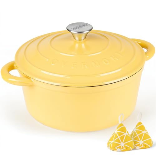 Overmont Cacerola esmaltada de hierro fundido, 26 cm, apta para horno, con tapa y libro de cocina