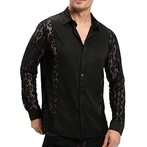 Invachi Men's Sexy Fishnet Button Down Shirts See Through Lace Sheer Shirts Black Large #TOP7