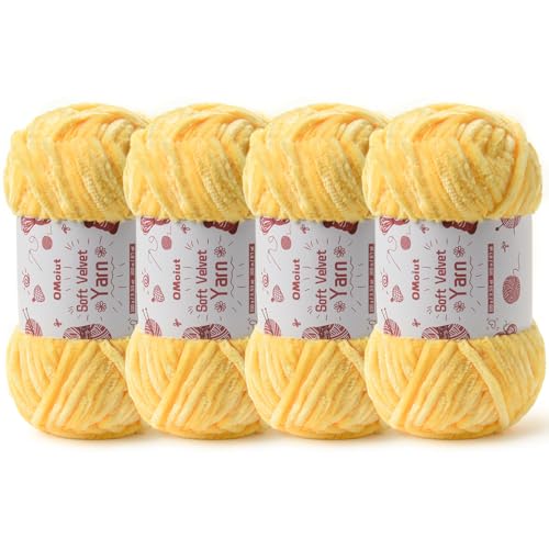 Image of 4x100g Fluffy Velvet Chenille Yarn for Crocheting and Knitting, 4x80m (87.5yd) Baby Yarn for Crocheting Soft, Crochet Chunky Yarns Amigurumi Yarns (4 Pale Yellow)