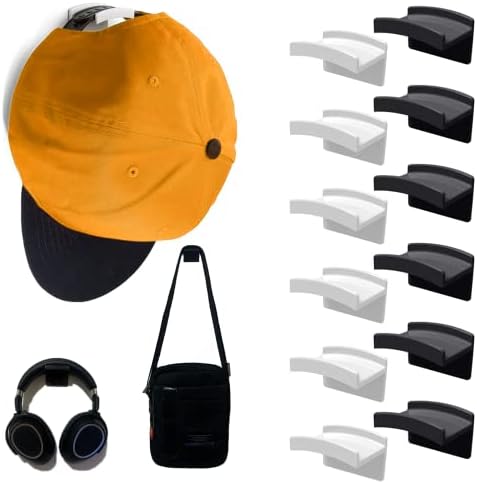 Adhesive Hat Hooks for Wall - Hat Racks for Baseball Caps - Hat Organizer for Baseball Caps - Minimalist Hat Rack Design, No Drilling, Strong Hold Hat Hangers (12 Pcs - Black & White)