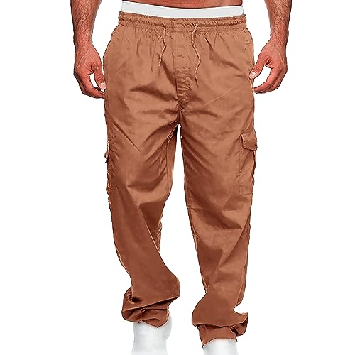 JEKE-DG Mens Casual Cargo Pants Elastic Waist Stretch Drawstring Sweatpants Relaxed Work Joggers Trousers Multi Pockets (4X-Large,Deep khaki 2)