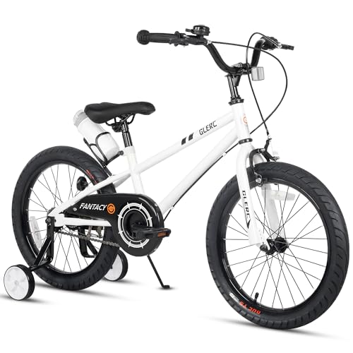 Glerc Vélo Enfant 18 Pouces avec Roues stabilisatrices & Porte-bidon pour garçons et Filles de 6 7 8 9 10 Ans,Blanc