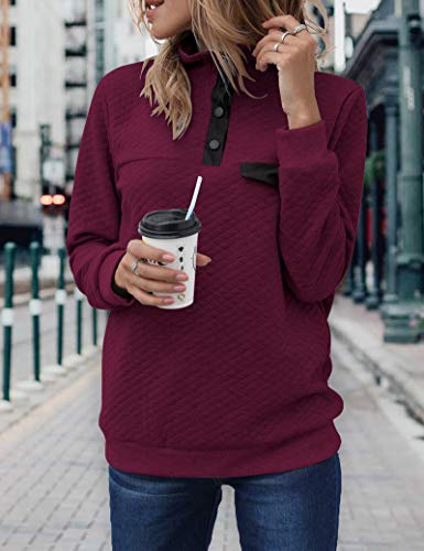 Btfbm Women Fashion Quilted Pattern Lightweight Zipper Long Sleeve Plain Casual Ladies Sweatshirts Pullovers Shirts Tops (Pure Wine Red, Small) #TOP1